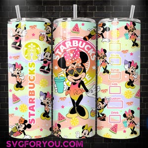 The image is a 3D rendering of a Starbucks tumbler with Minnie Mouse printed on it. The tumbler features Minnie Mouse in various poses and poses, along with other Minnie Mouse characters and elements such as watermelon and oranges. The tumbler is decorated with a Starbucks logo and the text "Starbucks" and "Minnie's".