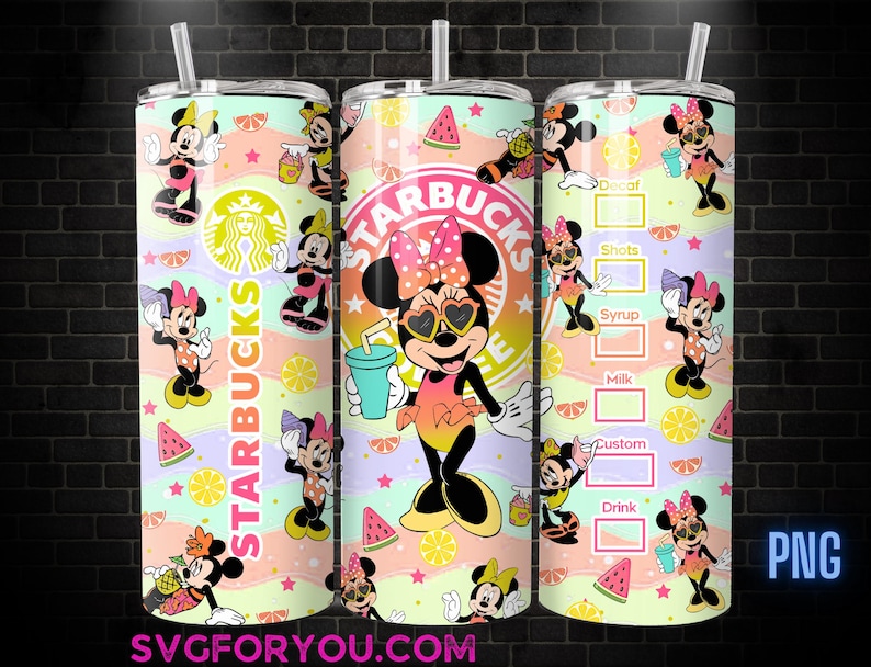 The image is a 3D rendering of a Starbucks tumbler with Minnie Mouse printed on it. The tumbler features Minnie Mouse in various poses and poses, along with other Minnie Mouse characters and elements such as watermelon and oranges. The tumbler is decorated with a Starbucks logo and the text "Starbucks" and "Minnie's".