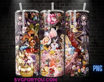 Alice in Wonderland 20oz Skinny Tumbler Template PNG, Mad Hatter Tea Party Skinny Tumbler Wrap Design PNG File Digital Download