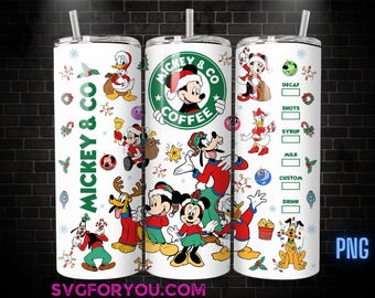 Plantilla de sublimación para vaso de café navideño de Mickey y Minnie Mouse, Mickey y sus amigos PNG, envoltura PNG para vaso navideño de Mickey Mouse