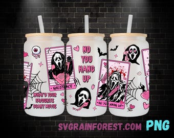 Pink Horror Ghostface No you hang up Tarot Cards 16oz Libbey Glass Wrap , Movies Character 16oz Glass Wrap Png, Horror Halloween Glass Wrap