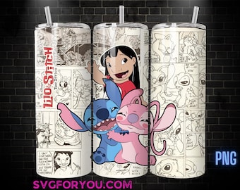 Retro Stitch 20 oz Skinny Tumbler, Mickey Mouse Sublimation Design Template, Angel and Stitch Comic Book Strip png