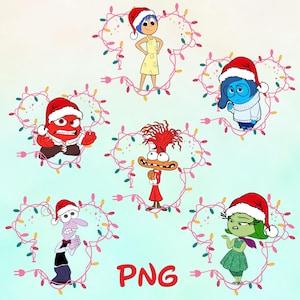 May include: A digital illustration of characters from "Inside Out" wearing Santa hats and framed by Christmas lights. The word "PNG" is in red. The characters include Joy, Sadness, Anger, Fear, Disgust, and Bing Bong, all in festive attire.