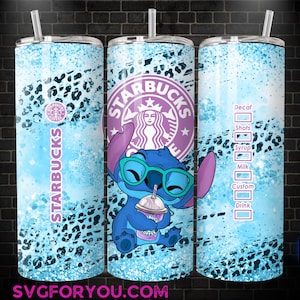A Starbucks decal featuring a character from the movie Lilo & Stitch, along with a list of drink options.