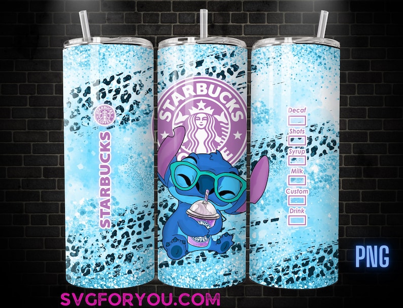 A Starbucks decal featuring a character from the movie Lilo & Stitch, along with a list of drink options.