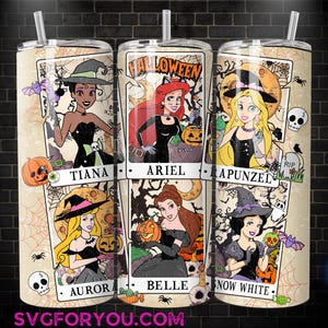 three Halloween-themed tumblers with illustrations of various Disney princesses.