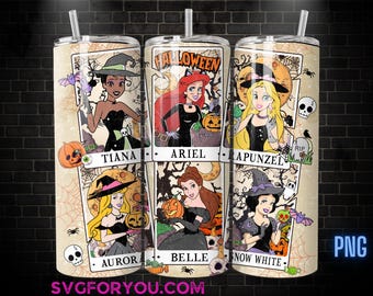 Princess Belle Tiana Ariel Rapunzel Aurora Witches Tarot Tumbler Coffee Wrap PNG , 20oz Skinny Tumbler, Halloween Skinny Tumbler Wrap PNG