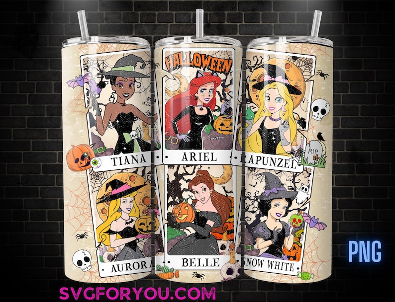 three Halloween-themed tumblers with illustrations of various Disney princesses.