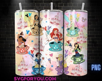 Magical Kingdom Princess Ariel Mulan Snow White Rapunzel Tinkerbell Moana Teacups Tumbler Coffee Wrap PNG , 20oz Skinny Tumbler Wrap PNG