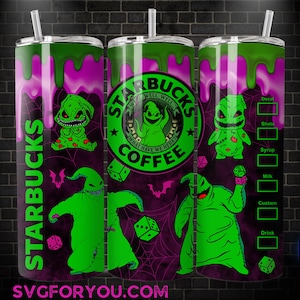 May include: A purple and green Starbucks tumbler featuring Oogie Boogie from The Nightmare Before Christmas. The tumbler has a green lid and straw, with the Starbucks logo and character illustrations. The design includes dice, bats, and the text "Starbucks Coffee".