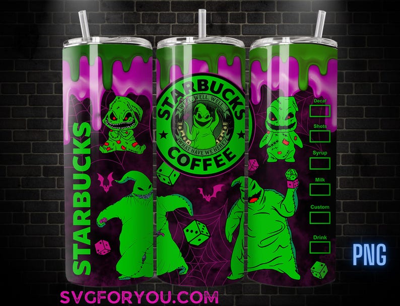 A Starbucks coffee can with a Halloween-themed design featuring the character Oogie Boogie from the movie " Nightmare on Elm Street". The can has a green and purple color scheme with a spider web pattern and various spooky elements.