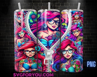 Princess Ariel Zipper Tattoo Coffee Tumbler Wrap PNG , 20oz Skinny Tumbler, The Little Mermaid Skinny Tumbler Wrap PNG