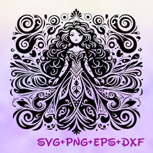 Puede incluir: Ilustración digital en blanco y negro de una mujer con un vestido decorativo, rodeada de diseños florales y de volutas. La imagen incluye el texto "SVG+PNG+EPS+DXF" en morado.