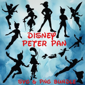 May include: Black silhouettes of Peter Pan characters, including Peter Pan, Tinkerbell, and Captain Hook, against a watercolor blue background. The words "Disney Peter Pan" are in red, with "SVG & PNG Bundle" below.