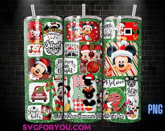 Plantilla de sublimación para vaso navideño de Mickey y Minnie Mouse, Mickey y sus amigos PNG, envoltura PNG para vaso navideño de Mickey Mouse