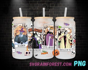 Villains Halloween Wicked Witches 16oz Glass Can Wrap PNG, Libbey Glass Can Wrap Halloween Tarot, Happy Halloween Spooky Glass Can Wrap PNG