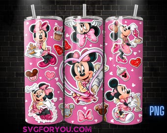 Retro Pink  Minnie Mouse Tea Party Cakes 20 oz Skinny Tumbler, Mickey Mouse Sublimation Design Template, Mickey Comic Book Strip png