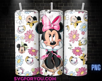 Retro Pink Floral Minnie Mouse 20 oz Skinny Tumbler, Mickey Mouse Sublimation Design Template, Mickey Comic Book Strip png