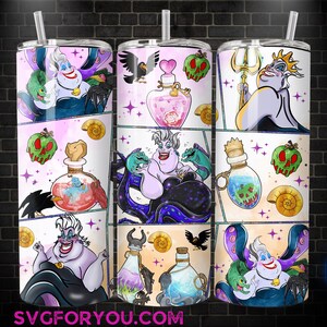 The image is a collection of three colorful and vibrant illustrations of the Disney character Ursula from The Little Mermaid, each depicting a different scene or element associated with the character.