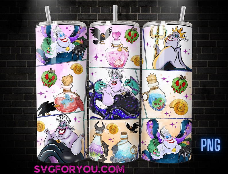 The image is a collection of three colorful and vibrant illustrations of the Disney character Ursula from The Little Mermaid, each depicting a different scene or element associated with the character.