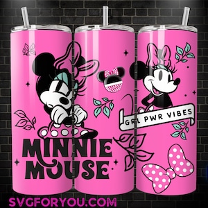 three pink tumblers with Minnie Mouse designs and text, including the words "Minnie Mouse" and "Girl PWR VIBES".