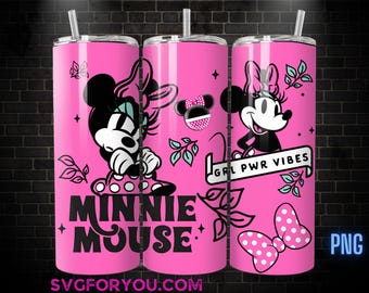 Retro Pink Girl Power Vibes Minnie Mouse 20 oz Skinny Tumbler, Mickey Mouse Sublimation Design Template, Mickey Comic Book Strip png