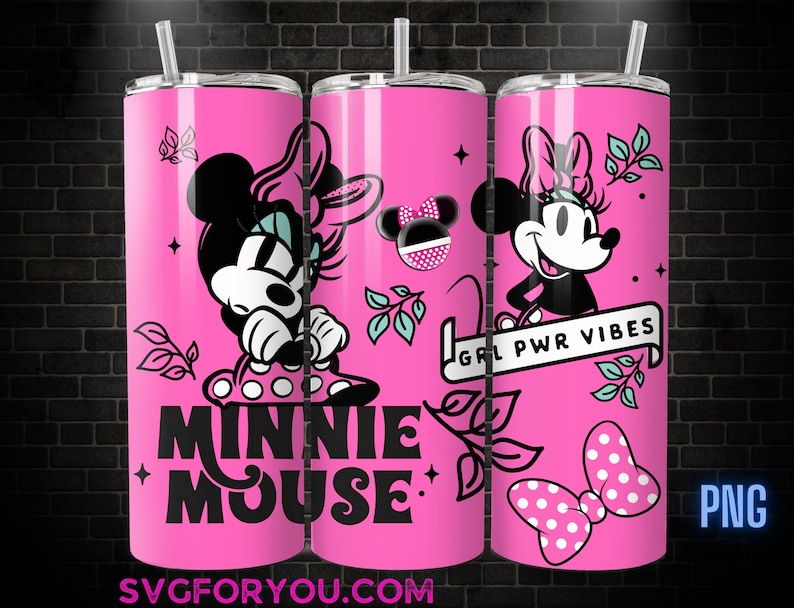 three pink tumblers with Minnie Mouse designs and text, including the words "Minnie Mouse" and "Girl PWR VIBES".