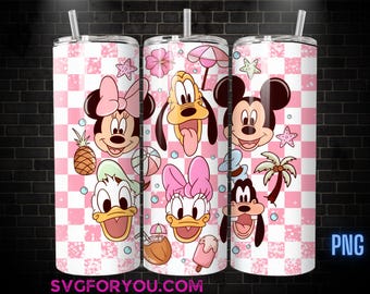 Retro Pink Summer Mickey Mouse and Friends 20 oz Skinny Tumbler, Mickey Mouse , Daisy , Goofy , Donald Duck Sublimation Design Template PNG