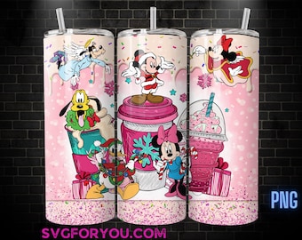 Plantilla de sublimación para vaso navideño rosa de Mickey y Minnie Mouse, Mickey y sus amigos PNG, envoltura PNG para vaso navideño de Mickey Mouse