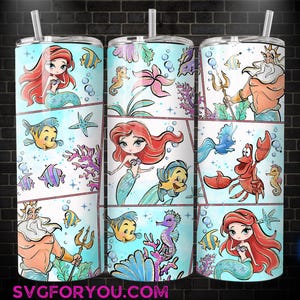A 3D rendering of a 3-piece unicorn tumbler with a mermaid design, featuring illustrations of mermaids, fish, and other sea creatures.