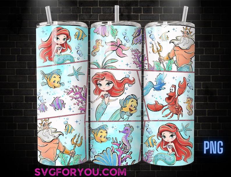 A 3D rendering of a 3-piece unicorn tumbler with a mermaid design, featuring illustrations of mermaids, fish, and other sea creatures.