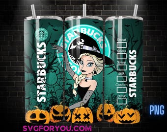 Princess Witchy Halloween Elsa Coffee Tumbler Wrap PNG , 20oz Skinny Tumbler, Frozen Skinny Tumbler Wrap PNG