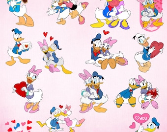 Donald en Daisy Valentijnsdag SVG PNG-bundel, Valentijnsdag svg gesneden bestanden voor Cricut Silhouette, Donald Duck svg, png, dxf