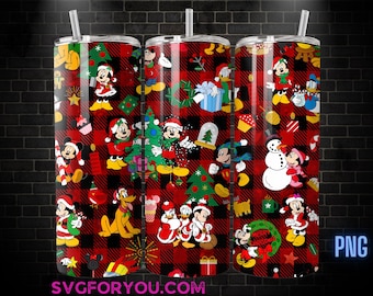 Plantilla de sublimación para vaso navideño de Mickey y Minnie Mouse con tartán rojo, Mickey y sus amigos PNG, envoltura PNG para vaso navideño de Mickey Mouse