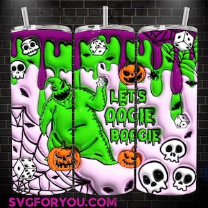 May include: A Halloween-themed tumbler with a green and purple dripping design. The tumbler features the text "Let's Oogie Boogie", along with images of skulls, dice, pumpkins, and a green character. The background is light pink.