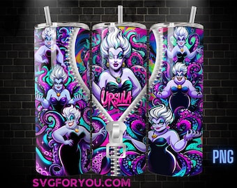 Ursula Villains Zipper Tattoo Coffee Tumbler Wrap PNG , 20oz Skinny Tumbler, The Little Mermaid Skinny Tumbler Wrap PNG
