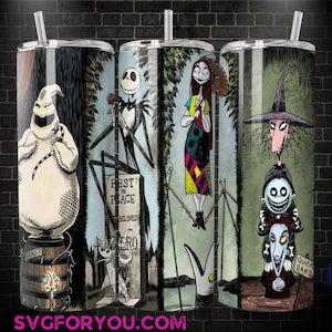 The image is a collage of four different illustrations of characters from the movie "The Nightmare Before Christmas", including Jack Skellington, Mary Jane, the ghost character Boogie, and the skeleton girl.