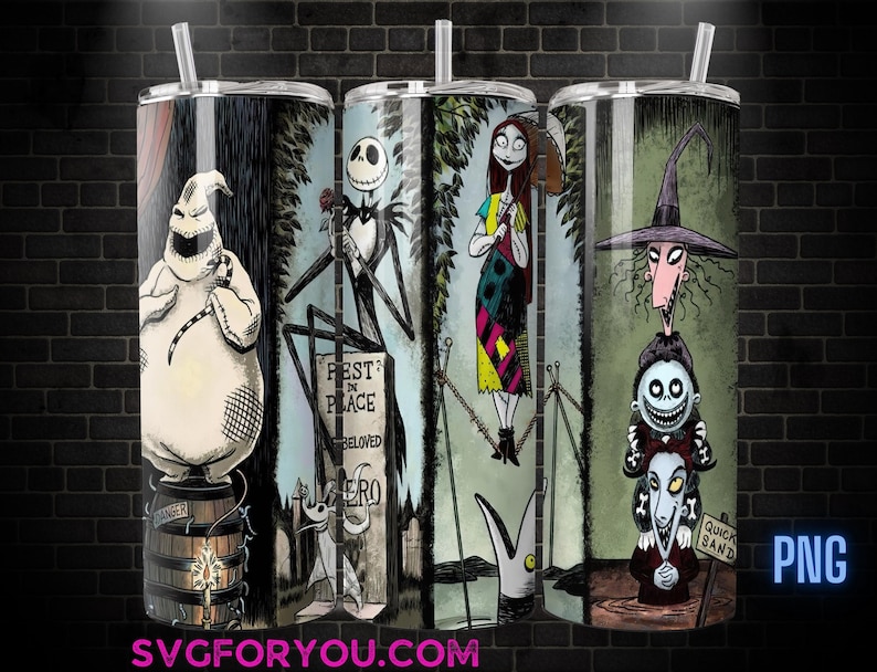 The image is a collage of four different illustrations of characters from the movie "The Nightmare Before Christmas", including Jack Skellington, Mary Jane, the ghost character Boogie, and the skeleton girl.