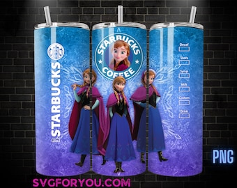 Molde PNG para copo térmico de 590ml (20oz) com tema Frozen da Princesa Elsa e Anna, arquivo PNG para download digital.