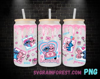 Etiqueta PNG para lata de vidrio de 16 oz con diseño de Stitch y Angel con brillo, Libbey, etiqueta PNG para lata de vidrio, Feliz Día de San Valentín
