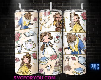 Princess Belle aquarel beker wrap png, koffie beker wrap, 20oz magere beker, Belle en het beest magere beker wrap ontwerp, png