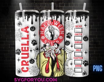 Cruella Aufgeblasener Kaffeebecher Wrap PNG, 20 Unzen Skinny Tumbler, 101 Dalmatiner Halloween Skinny Tumbler Wrap PNG