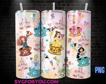 Magical Kingdom Princess Belle Tiana Elsa Jasmine Cinderella Aurora Teacups Tumbler Coffee Wrap PNG , 20oz Skinny Tumbler Wrap PNG