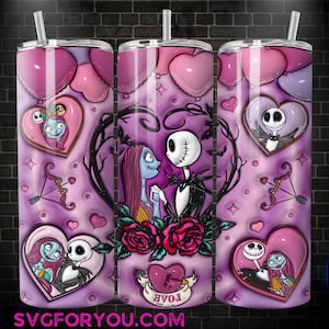 The image is a 3D rendering of a beverage can with a design featuring characters from the movie " Nightmare Before Christmas". The can is decorated with pink and purple colors, and it includes various scenes and characters from the film, such as Jack Skellington, Sally, and the fairy tale characters.