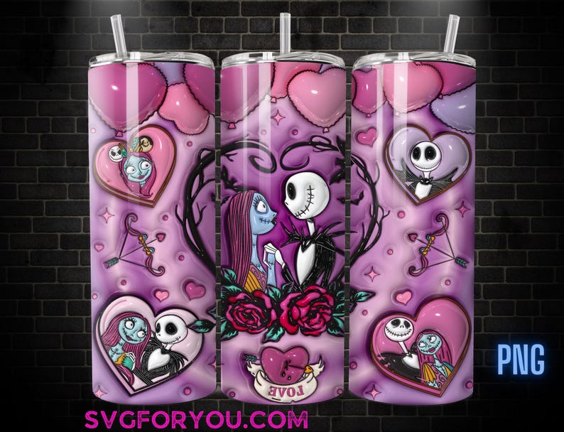 The image is a 3D rendering of a beverage can with a design featuring characters from the movie " Nightmare Before Christmas". The can is decorated with pink and purple colors, and it includes various scenes and characters from the film, such as Jack Skellington, Sally, and the fairy tale characters.