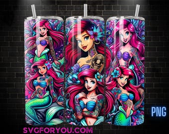 Ariel Tattoo Tumbler Wrap PNG, The Little Mermaid Tumbler Wrap png, 20oz Skinny Tumbler png, Skinny Tumbler Wrap Design PNG