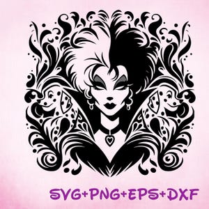 May include: Black and white graphic of a woman with a two-toned hairstyle, framed by decorative swirls and two Dalmatian dogs. The image includes the text "SVG+PNG+EPS+DXF" in purple.