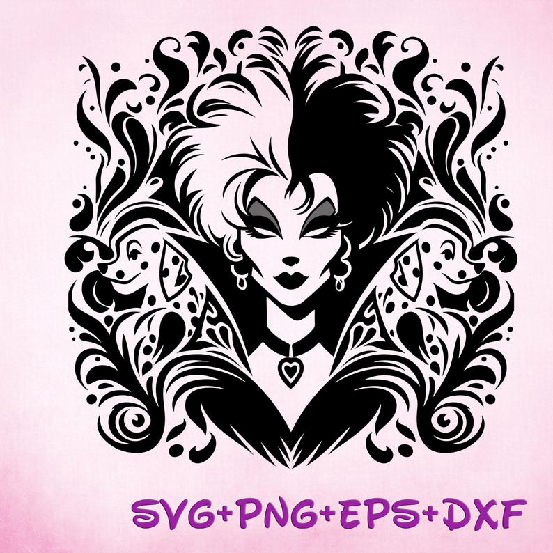 Cruella de vil Villains Mandala SVG, 101 Dalmatiner, Zentangle Silhouette Schnittdateien, Png, Printable, Sublimationsdesign Bild 1