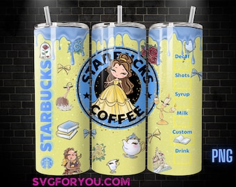 Princess Belle aquarel beker wrap png, koffie beker wrap, 20oz magere beker, Belle en het beest magere beker wrap ontwerp, png