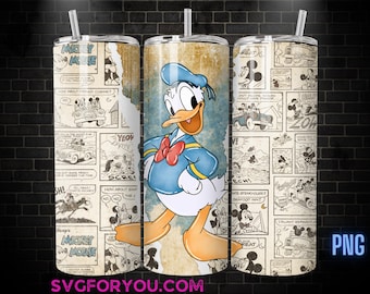 Vaso delgado retro de 20 oz del Pato Donald, plantilla de diseño para sublimación de Mickey Mouse, tira cómica de Mickey en formato PNG